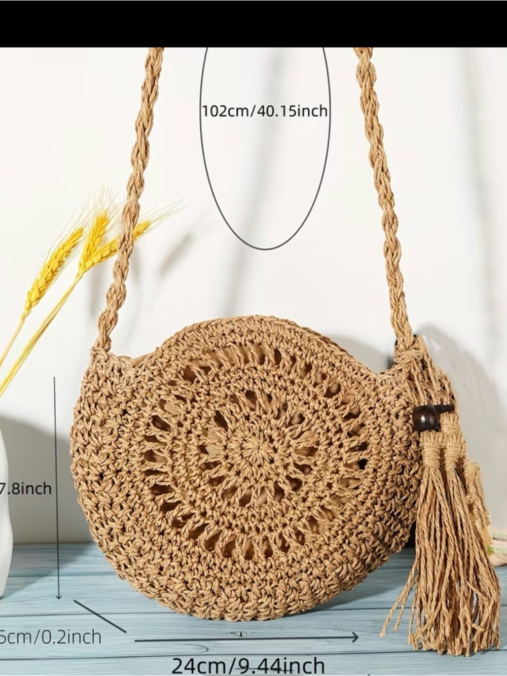 Handwoven Round Straw Crossbody Bag | Summer Woven Beach Purse - Picture 4 of 9